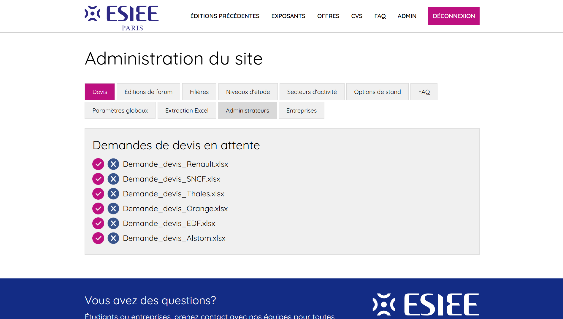 Capture d'écran du backoffice du site du forum ESIEE Paris